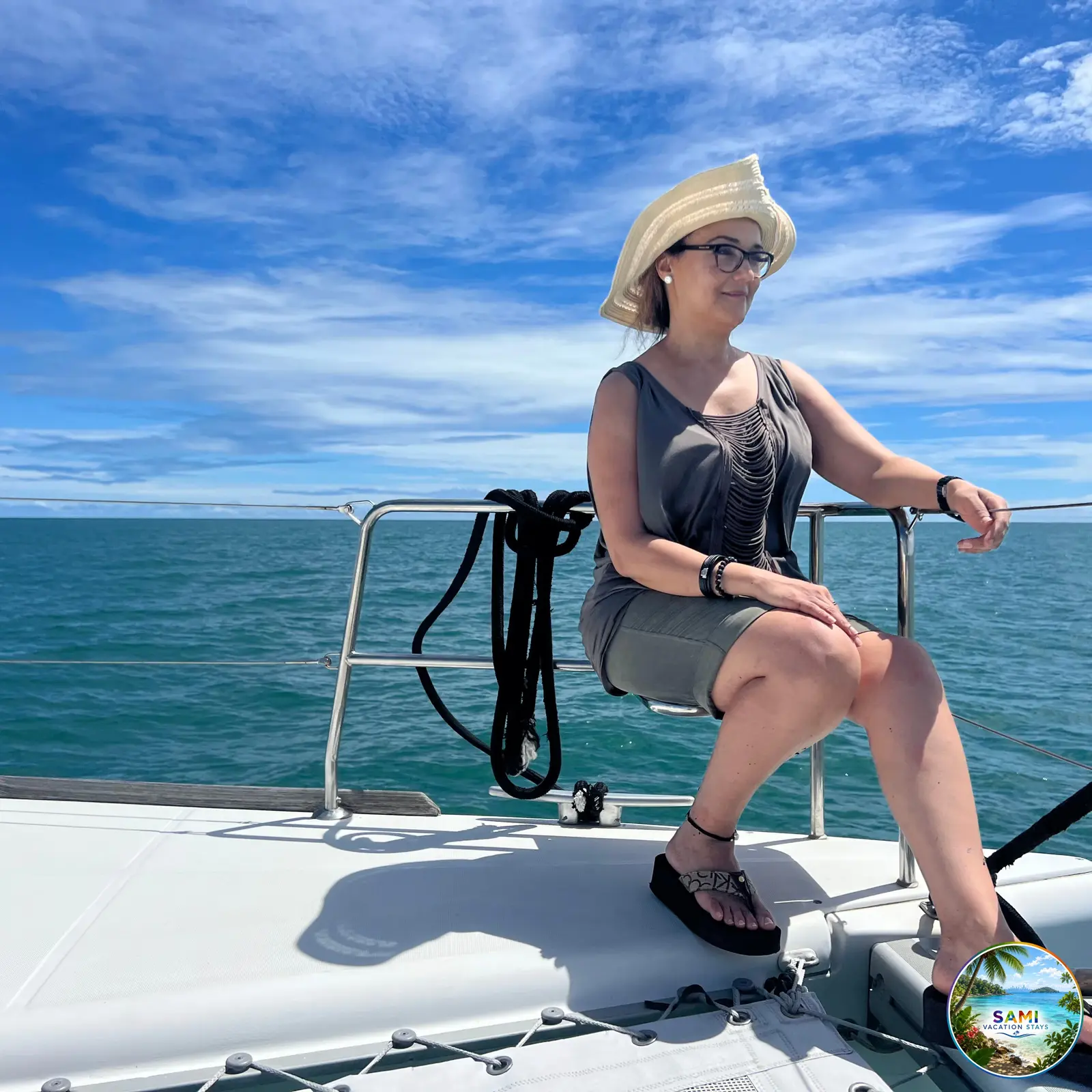 Woman on a catamaran boat on the ocean