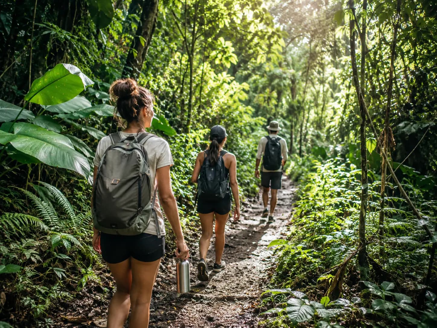 Drei Reisende gehen im Gänsemarsch entlang eines markierten Dschungelpfades in Panama
