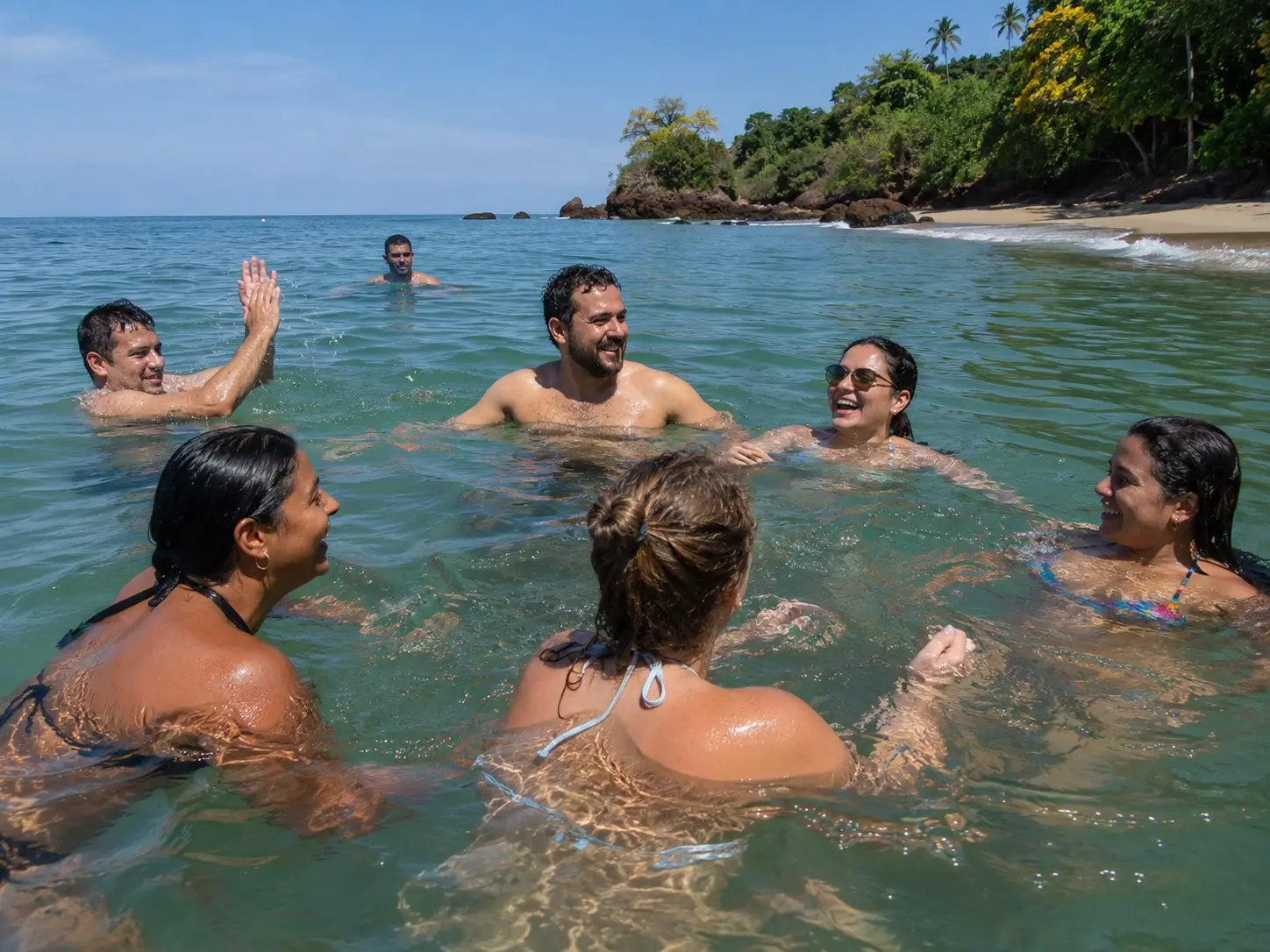 Un groupe d'amis et de proches nageant et se détendant ensemble dans une piscine pendant des vacances au Panama
