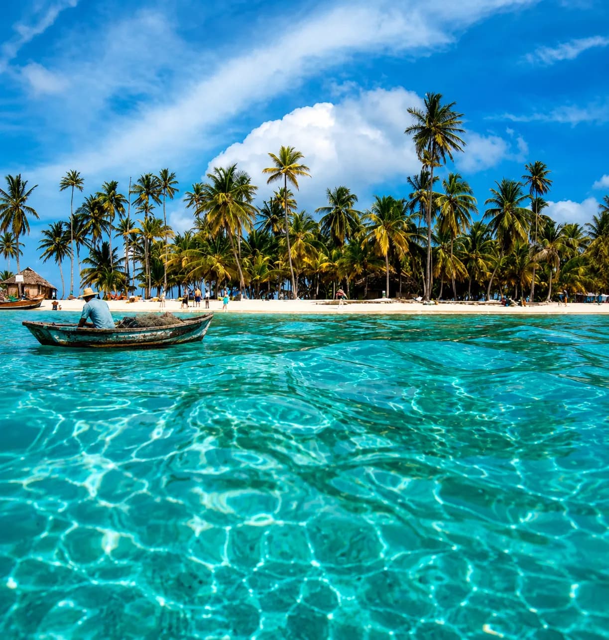 Bateau sur une eau turquoise près d'une île du Panama bordée de palmiers
