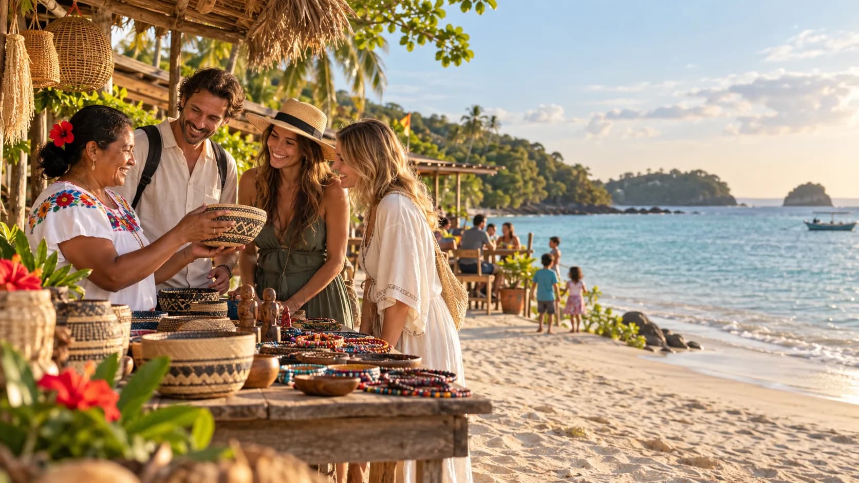 Travelers browsing handmade baskets and beaded crafts at a beachside market stall at golden hour