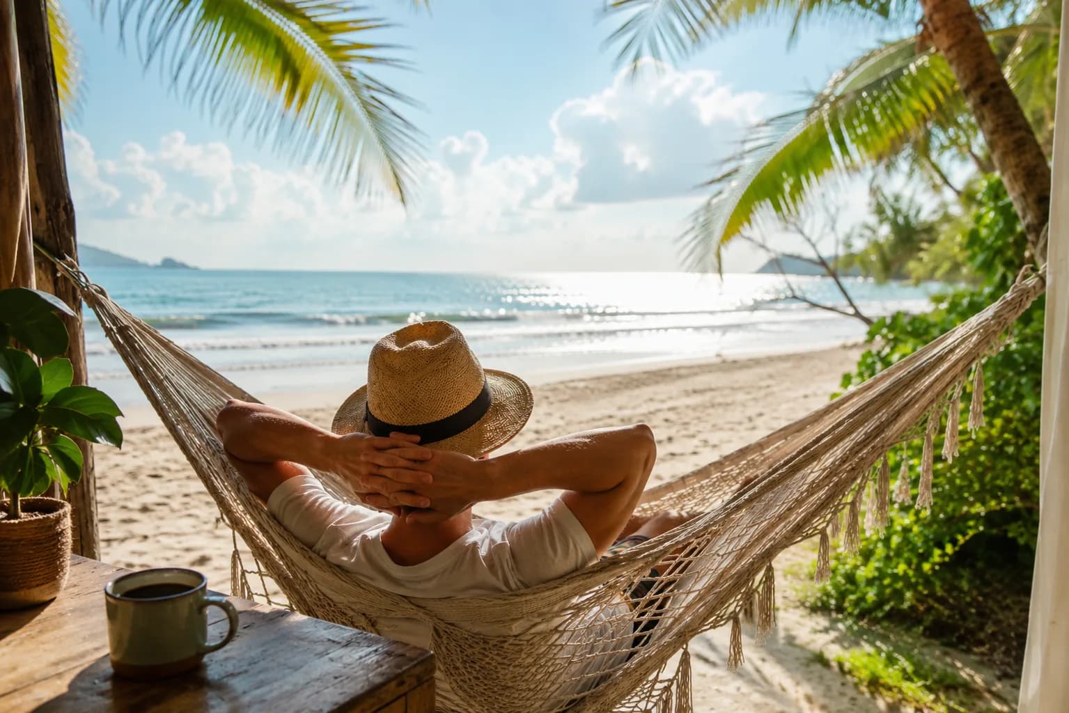 A traveler in a straw hat relaxing in a hammock facing a quiet tropical beach
