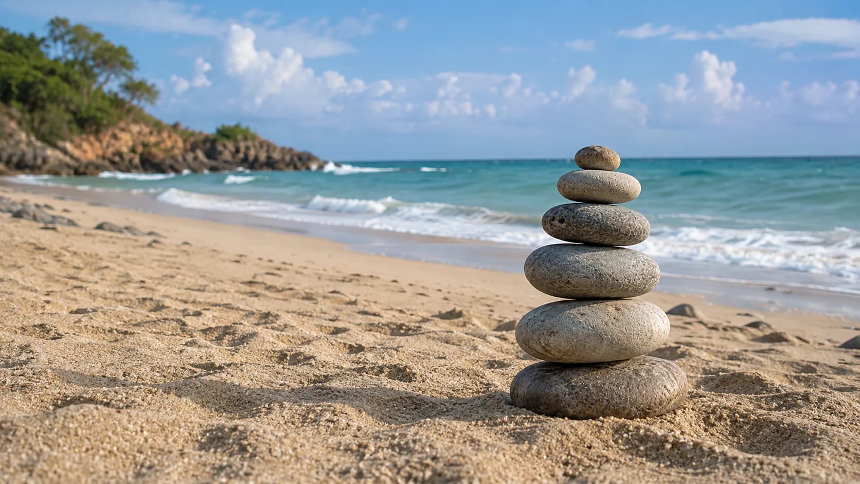 A balanced stack of smooth stones on a quiet Panama beach