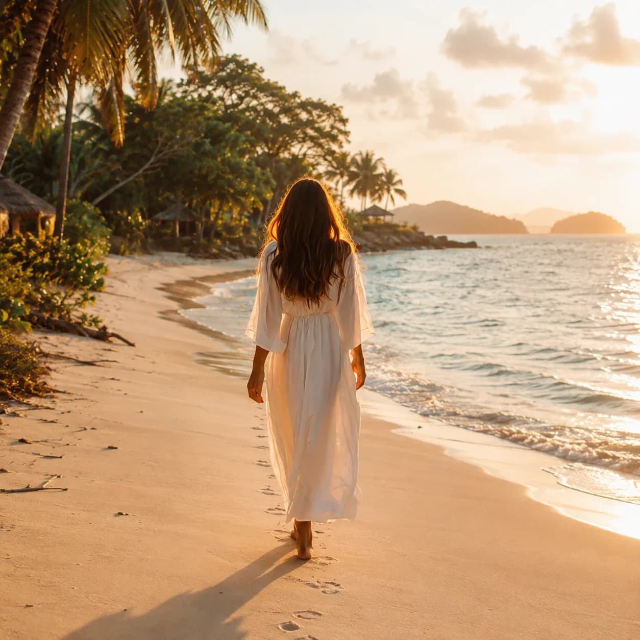 A woman in a white dress walking barefoot along a beach at sunset